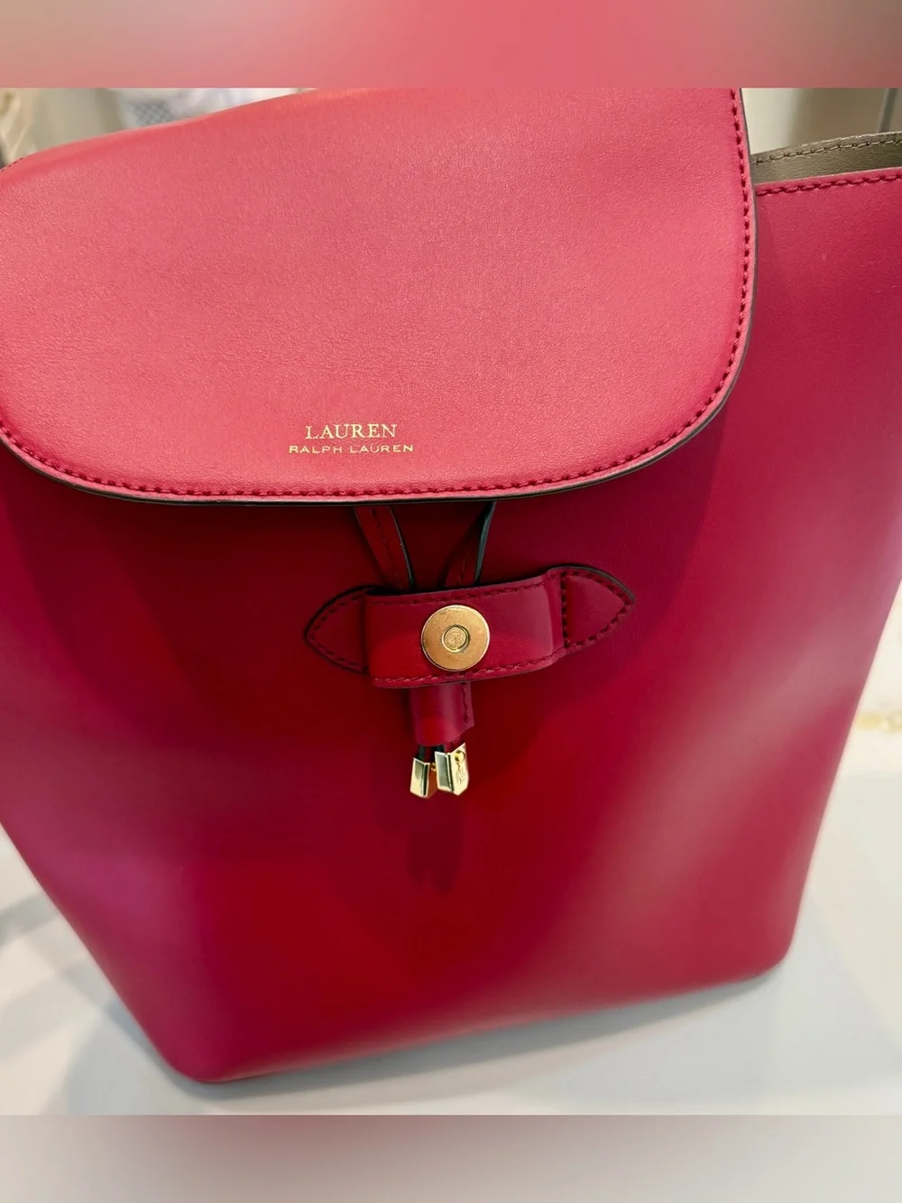 Lauren Ralph Lauren Red Smooth Leather Drawstring Backpack/ purse
